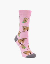 Load image into Gallery viewer, Ladies Pink Highland Cow Sox size 2-8, Bamboo
