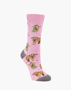 Ladies Pink Highland Cow Sox size 2-8, Bamboo