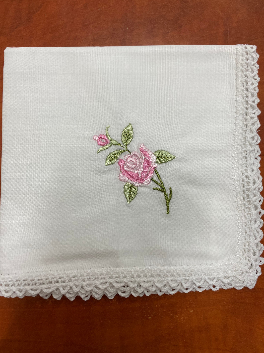 Pink Rose Embroidered Handkerchief